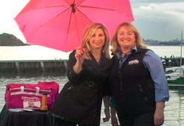 Angel Island Ferry Captain Maggie with "Be Prepared" TV Campagin producer and CA Living host Aprilanne Hurley filming on location in Tiburon, CA