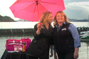 CA Living show host and 'Be Prepared' TV Campaign producer Aprilanne Hurley with Captain Maggie of the Angel Island Tiburon Ferry filming on location in Tiburon, CA